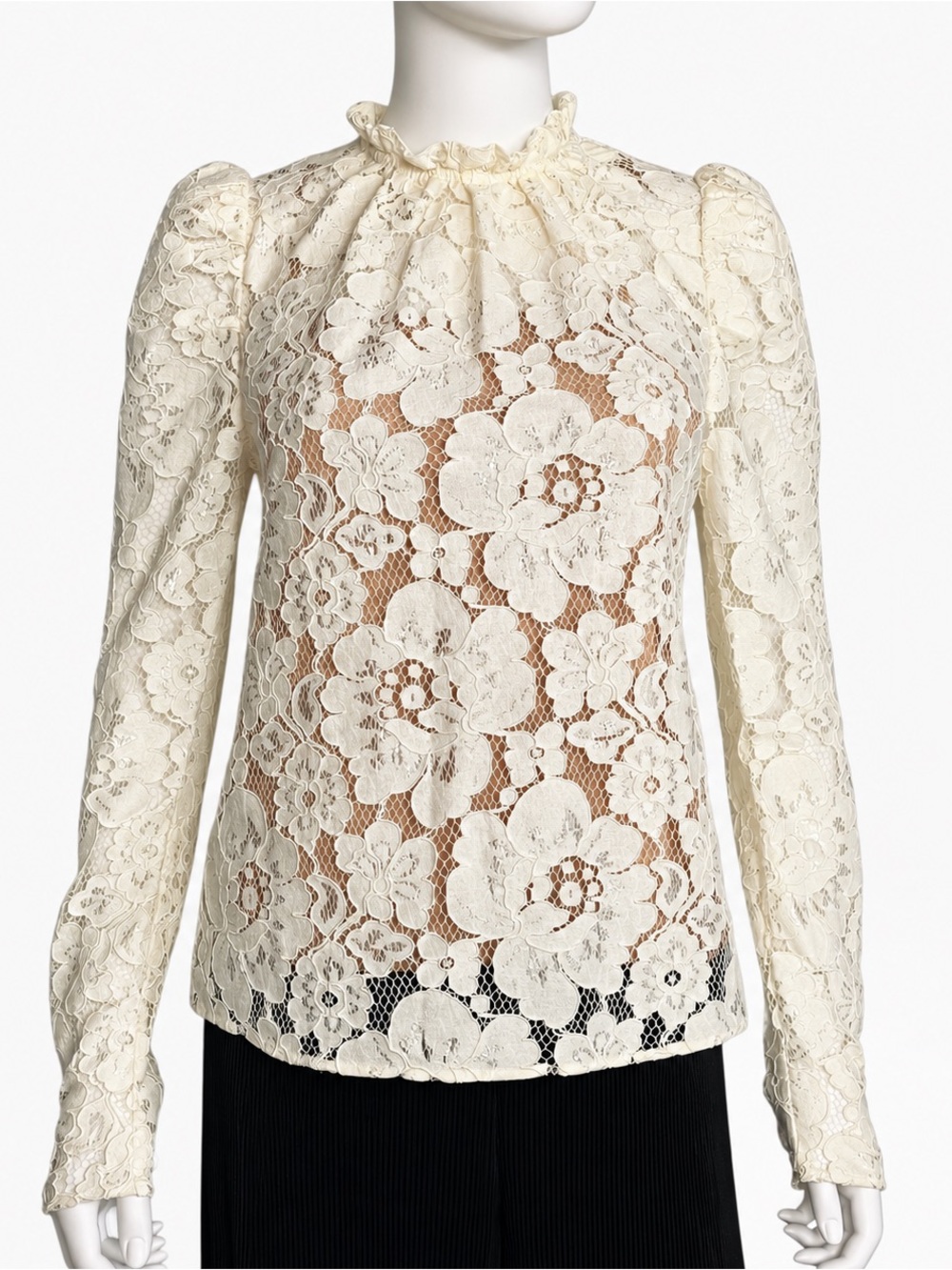WAYF Women’s Small Ivory Floral Lace Blouse Puff Sleeve Ruffle Neck NWT Cami - Picture 4 of 9